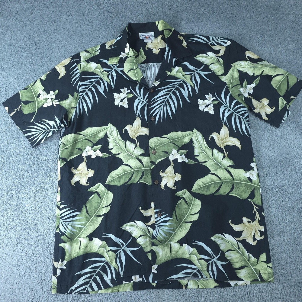 Vintage Pacific Legend Apparel Shirt Mens Large Black Hawaiian Floral Cotton